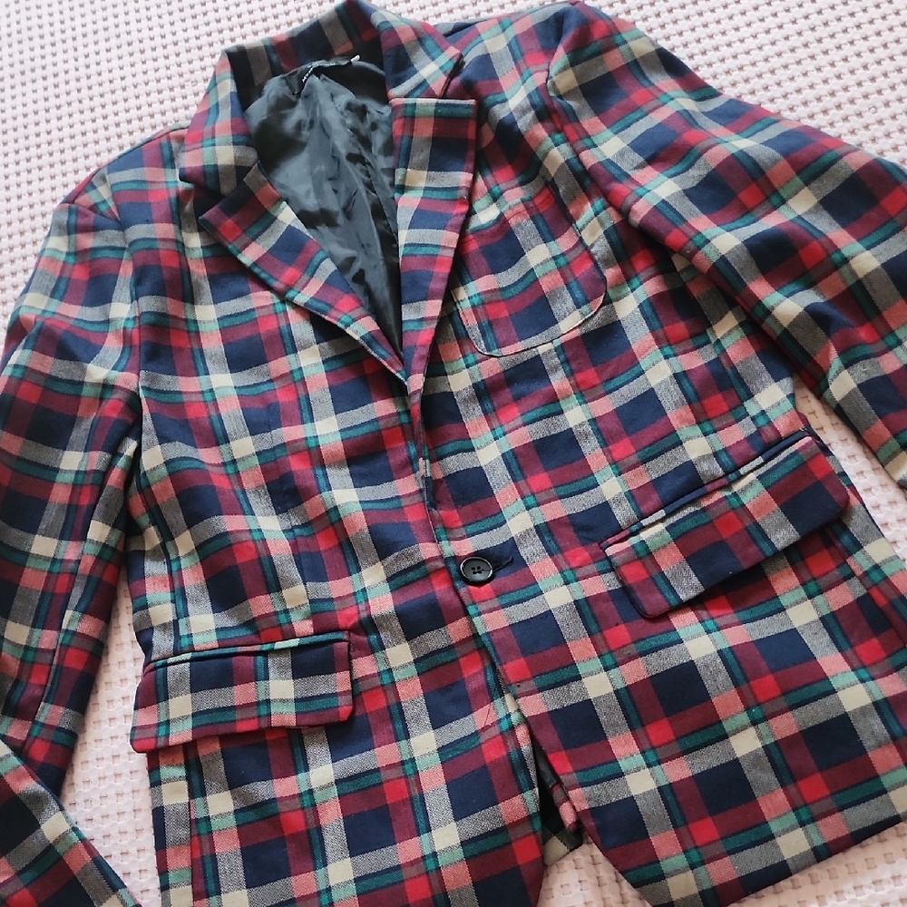 Classic Plaid Blazer in Red, Green, and Blue
